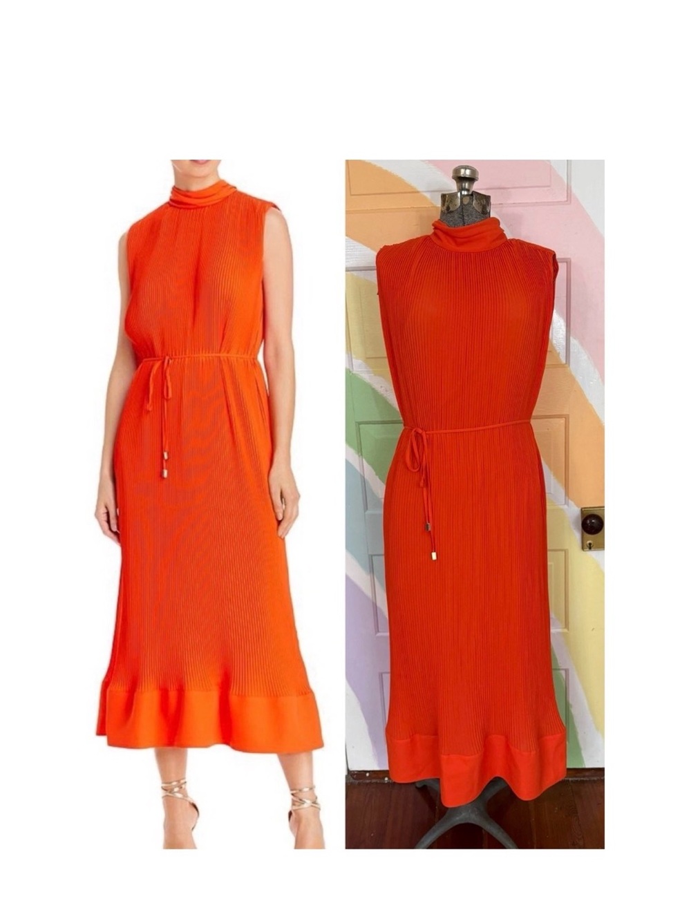 Milly Vibrant Orange Melina Pleated Midi Dress with Neck Tie